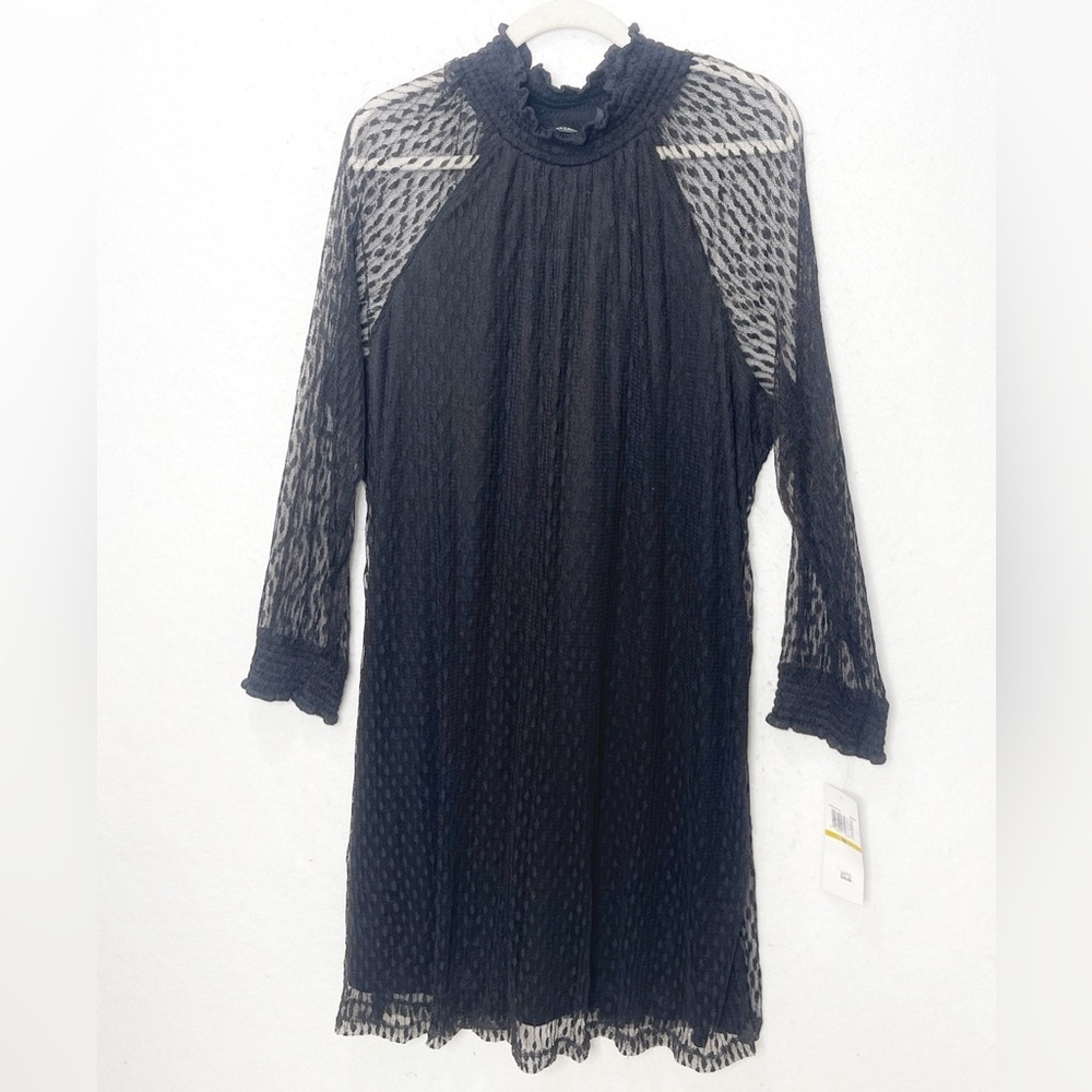 Nina Leonard Dot Shirred Long Sleeve Pullover Mock Neck Shift Dress Black 3X - Picture 2 of 9